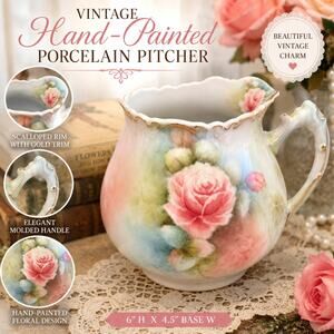 Vintage Correne Bogard Hand Painted Rose Porcelain Pitcher Floral Gold Trim 6"